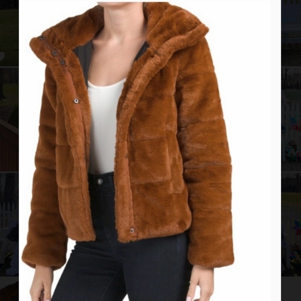 NVLT Cognac Faux Fur Coat Rabbit Fur Soft Cropped Lined Jacket Women’s XL